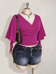 SHEIN ICON 女款大尺碼黑色夏季哥德風性感夜店約會派對 T-shirt，復古優雅 V 領荷葉袖修身 Y2K 風格 - 紫羅蘭色 - 查看 6