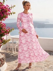 Loomaby Maternity Tie-Dye Print Round Neck Long Sleeve Pleated Elegant Dress Fall - Pink - View 6