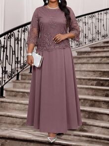 SHEIN CURVE+ Plus Size Women's Contrast Lace Round Neck 3/4 Sleeve Elegant Dress Fall - Purple - View 8