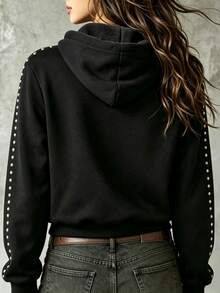 INAWLY Solva Áo nỉ hoodie nữ mặc thường ngày phong cách casual trang trí đính đá - màu đen - Xem 2