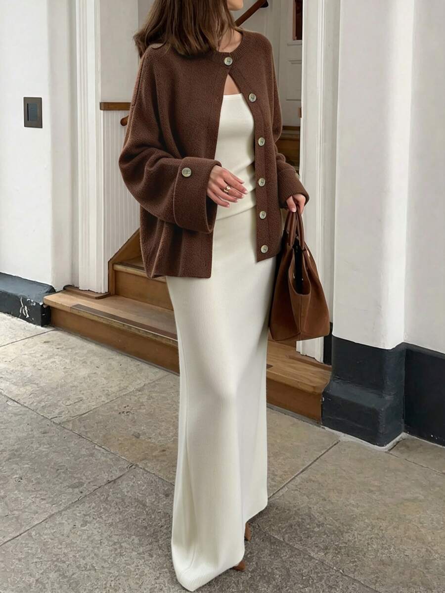 TaskSense Women's Solid Color Dropped Shoulder Long Sleeve Single-Breasted Knit Cardigan - Coffee Brown - View 1
