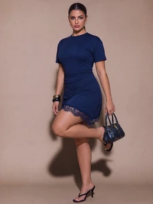 SHEIN BAE CURVE 大尺碼時尚年輕款，實用百搭，適合休閒通勤、工作、萬聖節等多種場合 - 藏蓝色 - 查看 7