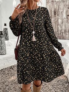 SHEIN VCAY 秋冬新款女款休閒簡約優雅圓領寬鬆中長洋裝，波點與豹紋印花，適合春秋穿著 - 黑色 - 查看 1