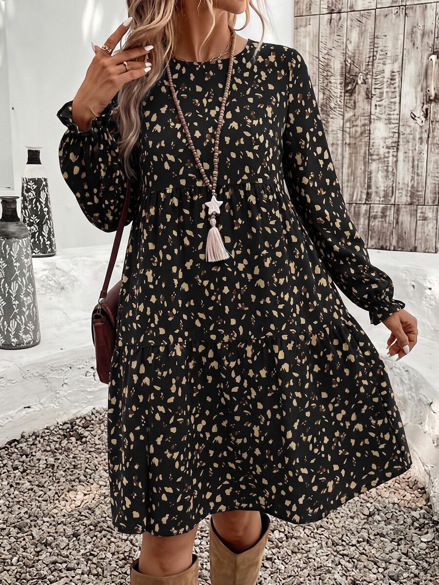 SHEIN VCAY 秋冬新款女款休閒簡約優雅圓領寬鬆中長洋裝,波點與豹紋印花,適合春秋穿著 - 黑色 - 查看 1