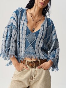 Bohemela Vintage Mixed Color Twisted Rope Loose Knit Pullover Sweater - Blue - View 1