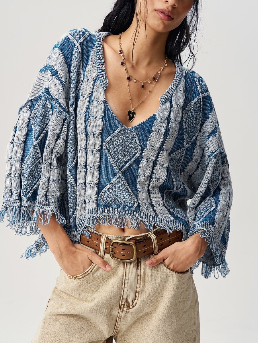 Bohemela Vintage Mixed Color Twisted Rope Loose Knit Pullover Sweater - Blue - View 1