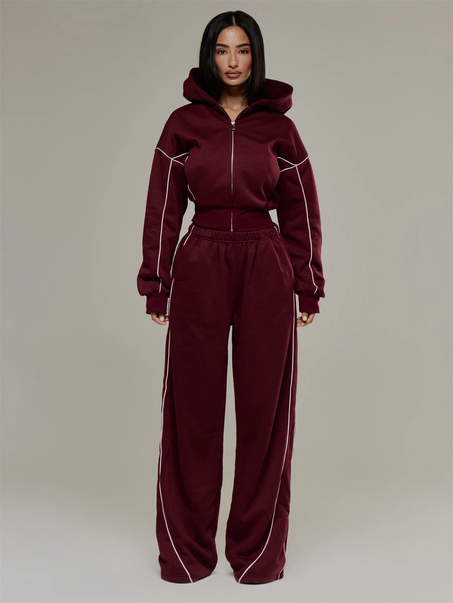 Musera Sport Quần jogger tập gym Pilates thể thao dáng rộng, cạp chun, phối sọc hai bên và viền piping, phong cách dễ thương, mặc hàng ngày - Màu Đỏ Sâu - Xem 1