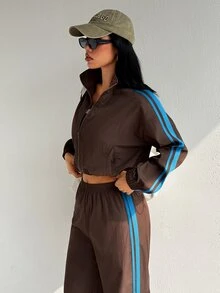 SHEIN Dewbera Women's Striped Colorblock Cropped Jacket And Long Pants Sports Set - Rust Brown - View 3