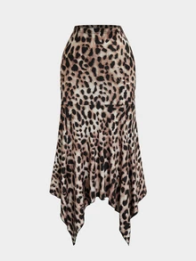 Sweetra Rok Duyung Bodycon Bermotif Leopard Ukuran Plus Wanita Eropa, Model Hem Asimetris, Musim Gugur - Coklat - View 1