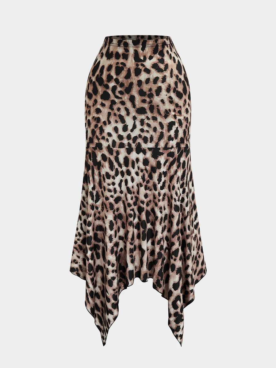 Sweetra Rok Duyung Bodycon Bermotif Leopard Ukuran Plus Wanita Eropa, Model Hem Asimetris, Musim Gugur - Coklat - View 1