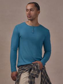 Musero Raise Neck Tight Fit Henley Long Sleeve Textured Fabric Autum Winter Essentials - Blue - View 1