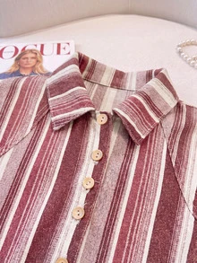 SHEIN MOD قميص جينز نسائي ضيق بخطوط عمودية وأزرار أمامية وياقة مدببة وحافة منحنية - متعدد الألوان - مشاهدة 3