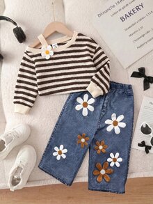 SHEIN 女嬰針織條紋不對稱肩休閒衛衣與長褲2件套 - 彩色 - 查看 7