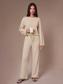Lazeform Solid Color Casual Cable Knit Textured Jacquard Long Sleeve Pants Pajama Set For Women - Apricot - View 6