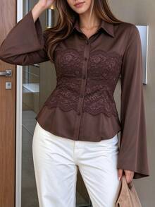 Elenzga Women's Plus Size Spring/Autumn 1pc Lapel Front Lace Patchwork Flared Long Sleeve Waist-Cinching Blouse, Mature Style For Date And Commute Fall - Brown - View 3