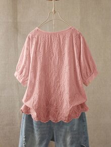 Rusticease 大尺碼女款鏤空刺繡圓領短袖休閒襯衫 夏季上衣 春季鄉村風女裝 - 粉色 - 查看 2