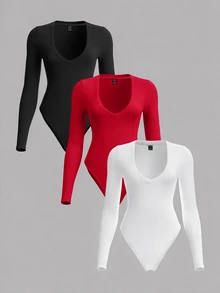 SHEIN BASICS بودي سوت مقاس كبير كاجوال أنيق متعدد الاستخدامات بلون موحد بأكمام طويلة للخريف للمناسبات الرسمية والسهرات والعطلات - متعدد الألوان - مشاهدة 6