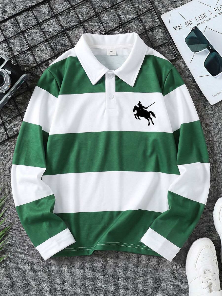 SHEIN Mirajuku 男童(大童)長袖 Polo 衫,經典領口設計,雙鈕扣門襟,寬綠白橫條紋配色,左胸深色馬騎標誌,簡約優雅 - 綠色 - 查看 1