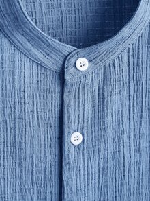 Core Aspect Men's Blue Striped Stand Collar Short Sleeve Shirt + White Straight Leg Pants 2 Pieces Set, Textured Outfit, Suitable For Beach Vacation, Daily Commute And Casual Wear - Blue - View 4