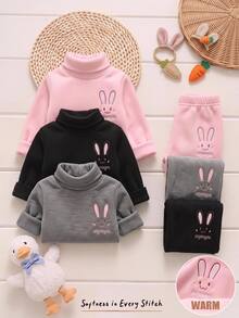 Cozy Pixies 3pcs -Pack Baby Girl Cartoon Rabbit Embroidery High-Neck Long-Sleeve Autumn Tops - Multicolor - View 1