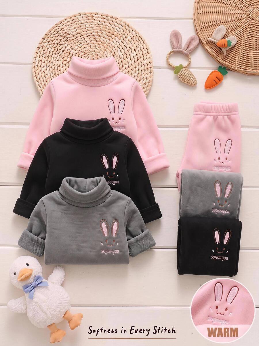 Cozy Pixies 3pcs -Pack Baby Girl Cartoon Rabbit Embroidery High-Neck Long-Sleeve Autumn Tops - Multicolor - View 1