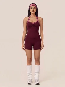 SHEIN BAE Women's Colorblock Casual Daily Halter Neck Sports Romper - Burgundy - View 8