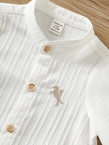 SHEIN 男嬰刺繡細節紋理針織小立領上衣與直條紋長褲套裝 - 卡其色 - 查看 4