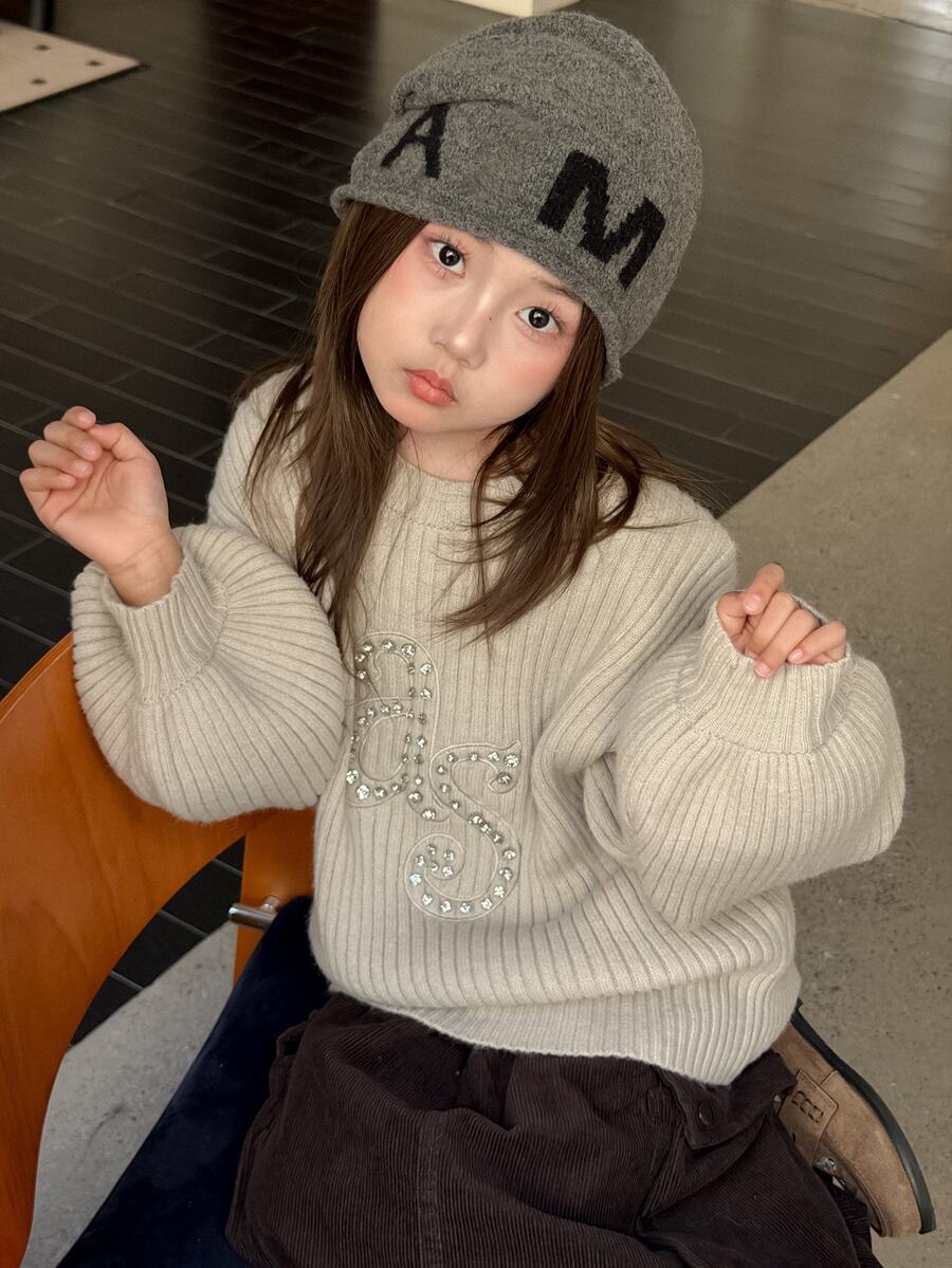 Dazy Kids Sweater Lengan Lentera untuk Pakaian Sehari-hari Kasual dengan Hiasan Rhinestone untuk Anak Perempuan Remaja - Light Grey - View 1