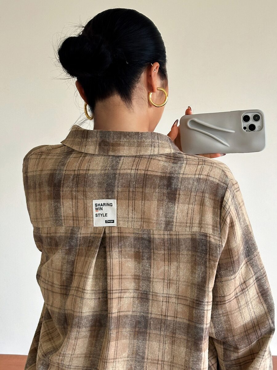 Dazy Plus Vintage Distressed Plaid Loose Fit Korean Style Long Shirt - Brown - View 1
