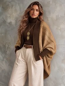 Ceyna Plus Size Women's Fashion New Textured Pattern Batwing Sleeve Khaki & Coffee Color Contrast Knit Cardigan Sweater, Autumn/Winter Casual Everyday Outerwear - Multicolor - View 5