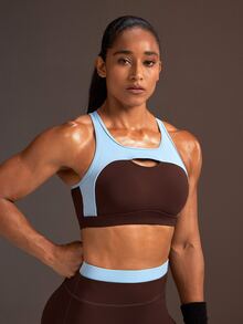 Powerista Women's Brown & Blue Color Block Back Hook Tight-Fit Sports Bra With Removable Padding - Brown - View 4