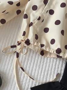 Comfortcana Jaket Siluet Polkadot Vintage Kuning Ukuran Besar Musim Gugur/Dingin dengan Ikatan di Depan - Kuning - View 5