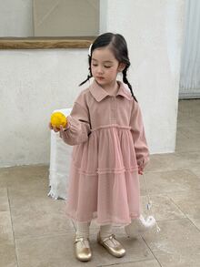 DAZY Gaun Bayi/Balita (Perempuan) Lengan Panjang dengan Kerah Jala dan Motif Patchwork Gaya Korea Musim Gugur/Dingin - Berwarna merah muda - View 7