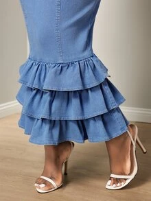 BamGleam Women's American Style Deep V Neck Spaghetti Strap Denim Mermaid Dress, Fishbone Waist, Multi-Layer Ruffle Cake Hem, Slim Fit Bodycon Long Dress - Blue - View 7
