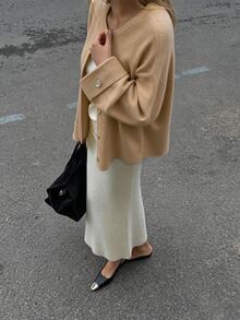Cévolie Women's Solid Color Dropped Shoulder Long Sleeve Single-Breasted Knit Cardigan - Khaki - View 5