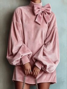 Omancia Women's Pink High Neck Lantern Sleeve Dress - Pink - View 1