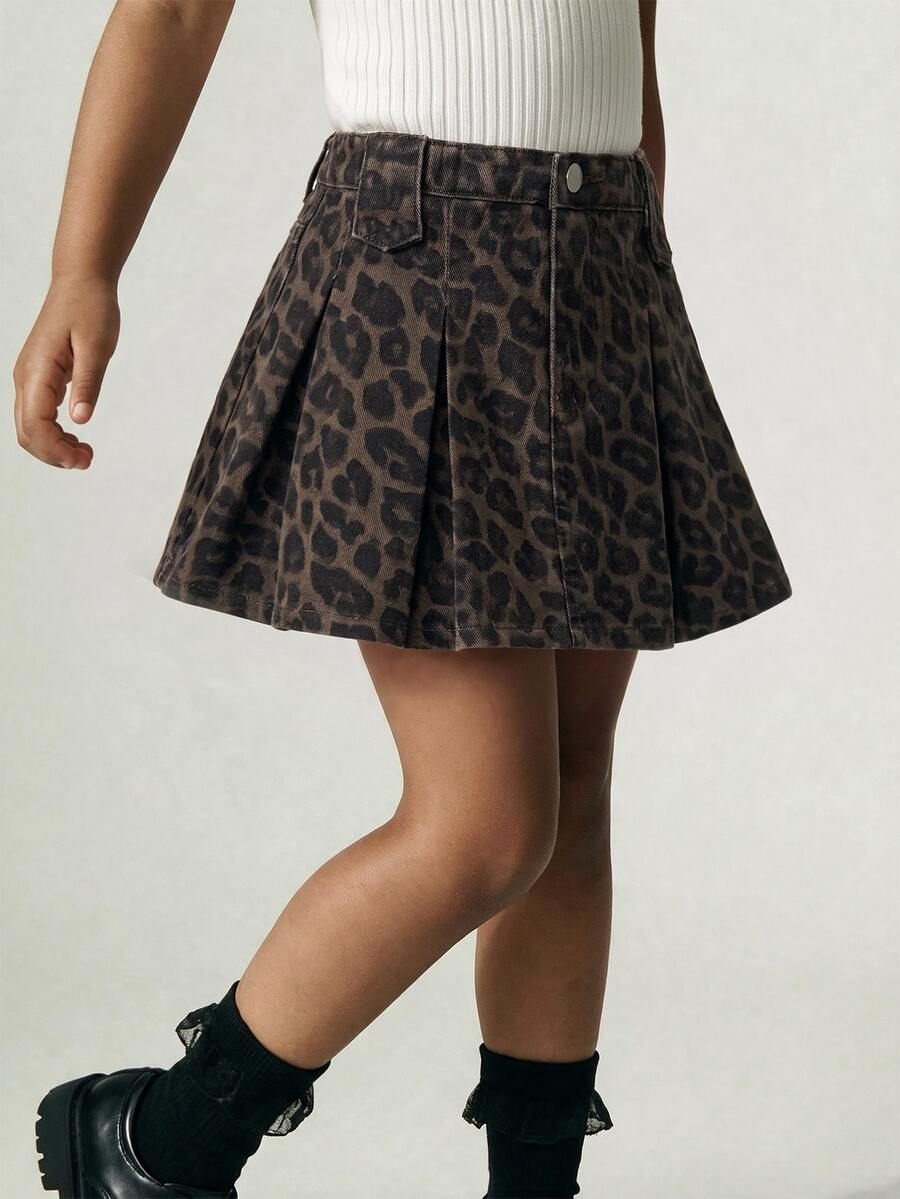 SHEIN 女童豹紋百褶牛仔迷你裙 - 彩色 - 查看 1