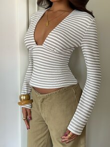 Aloruh Women's Autumn/Winter New Striped Deep V-Neck Fitted Long Sleeve T-Shirt - Khaki - View 7