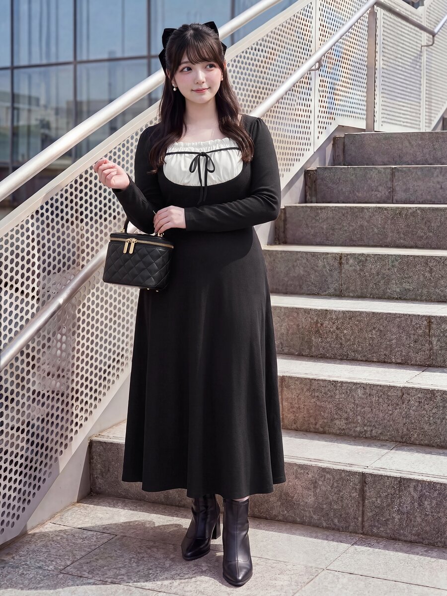 Bijouette Plus Size Contrast Frill Trim Square Neck Bowknot Front 2 In 1 Dress,Cafe,Afternoon Tea,Preppy Style,Christmas,Ladylike,French Vintage Fall - Black - View 1