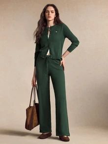 BizChic Women's Embroidered Button Sweater And Drawstring Waist Knit Pants 2 Pieces Set - Dark Green - View 4