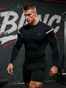 GymBeat 男士黑色拉鍊肌肉修身長袖T恤，適合健身、運動、跑步與體育活動 - 黑色 - 查看 3