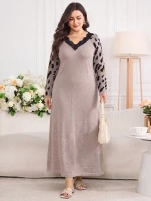 Feyla Plus Size Women's Patchwork Leopard Print Raglan Long Sleeve Lace V-Neck Elegant Knit Dress - Multicolor - View 8