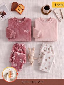 2pcs/Set Baby Girl Pink Long Sleeve Top And Cartoon Heart Print Pants, Winter Flannel Pajama Set, Girls Home Wear Set With Fuzzy Pattern Print, 2 Pieces Pajama Set - Multicolor - View 1