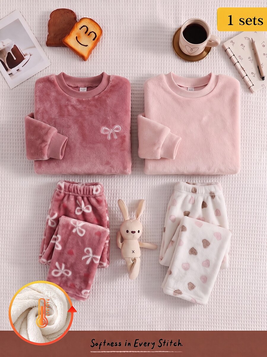 2pcs/Set Baby Girl Pink Long Sleeve Top And Cartoon Heart Print Pants, Winter Flannel Pajama Set, Girls Home Wear Set With Fuzzy Pattern Print, 2 Pieces Pajama Set - Multicolor - View 1