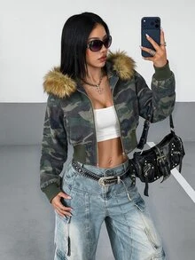 StreetHx Women's Streetwear Autumn Hooded Fur Collar Fitted Long Sleeve Jacket - Multicolor - View 5