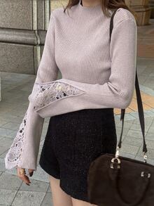 FRIFUL Women's Solid Color Stand Collar Contrast Lace Bell Sleeve Elegant Sweater - Grey - View 6