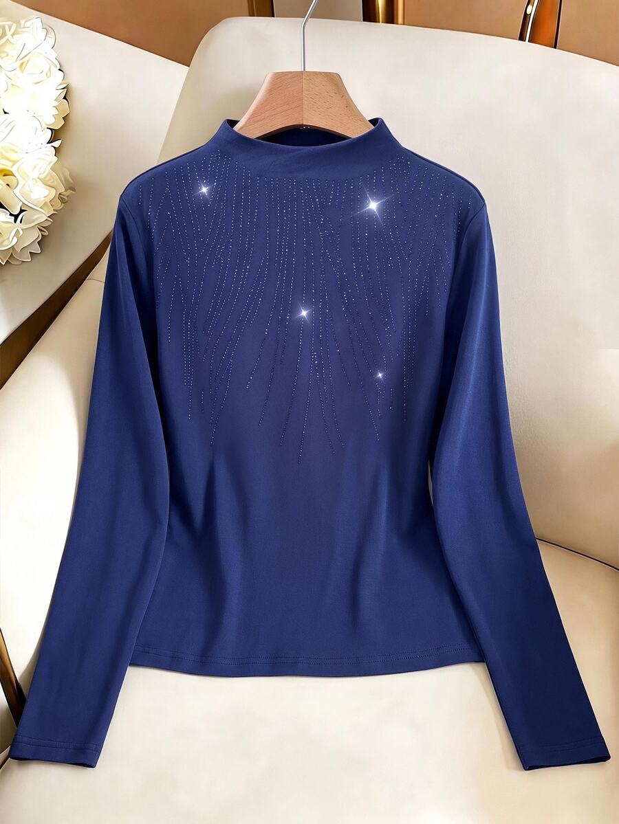 Rusticease Winter Clothes Women Casual Blouses Rhinestone Long Sleeve Casual T-Shirt Women Elegant Women's Blouses New Year Blue Chic - Navy Blue - View 1