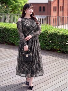 Bijouette Plus Size Plaid Mesh Cold Shoulder Frill Neck Sheer Sleeve Midi Dress,Romantic Feminine,Preppy Style,Afternoon Tea,Girls' Gathering Fall - Black - View 7