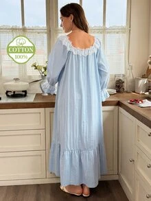 Snug Reverie Korean Style Spring/Autumn Long Sleeve Sweet Lace 100% Pure Cotton Jacquard Nightgown Loungewear - Baby Blue - View 2