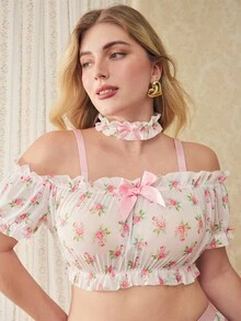 Elorette طقم ملابس نوم منزلية كاجوال للنساء بمقاسات كبيرة، توب وتنورة مزينة بفيونكة - وردي - مشاهدة 5